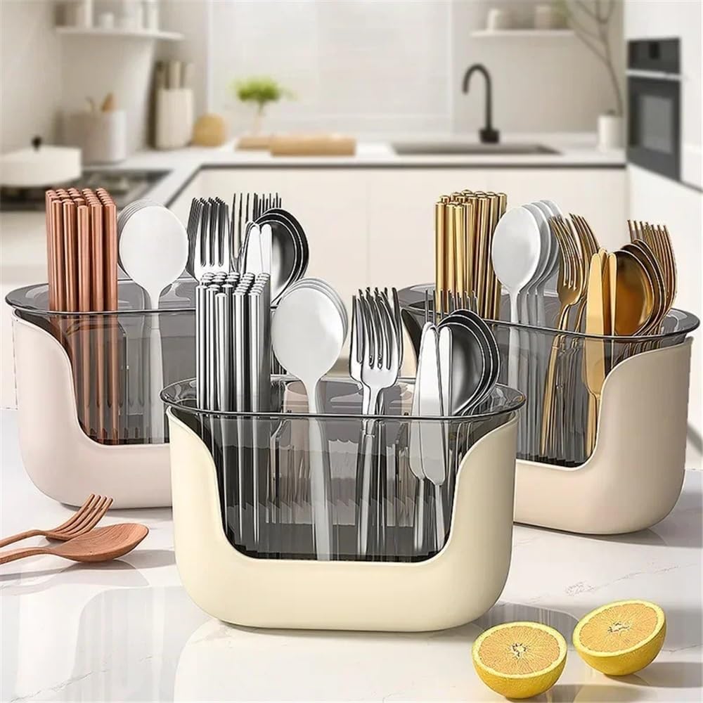 Kitchen Utensil Holder Kitchen Chopstick Shelf Drain Storage Basket Multifunction Cutlery Holder Home Flatware Storage Shelf Cooking Utensil Holder(Beige)
