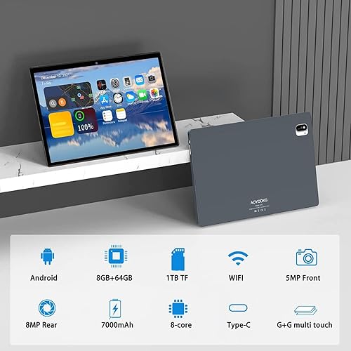 Miniatura 2 de AOYODKG Tablet 2 en 1, tableta Android 11 de 10.1 pulgadas con teclado, funda de ratón, 4 GB de RAM+64 GB de ROM (expansión de 256 GB), procesador