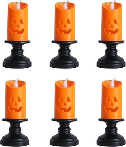 Miniatura 7 de SAINGACE Paquete de 6 velas sin llama de calabaza naranja de Halloween, velas LED que funcionan con pilas, velas parpadeantes para decoración de