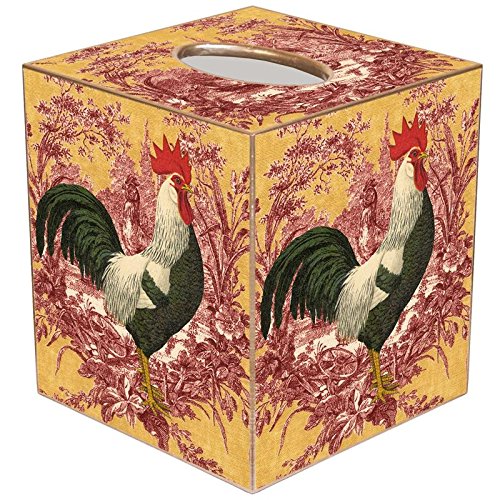 RR Rooster on Red and Gold Toile Paper Mache Tissue Box Cover