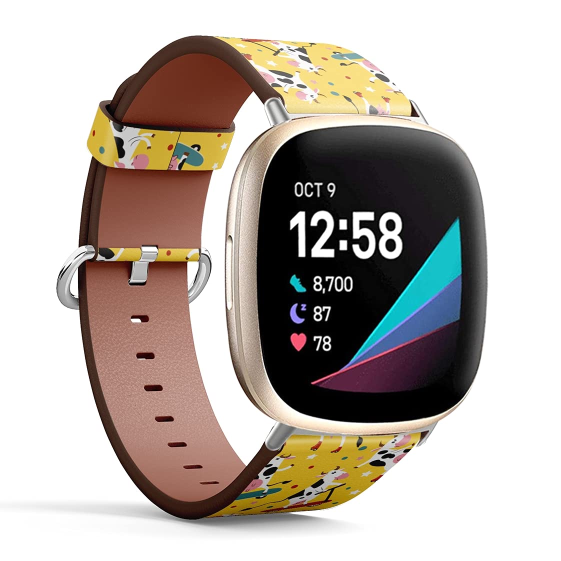 Compatible with Fitbit Fitbit Sense / Versa 3 Patterned Leather Replacement Band (Funny pattern with funky cows on skates and kick scooters)