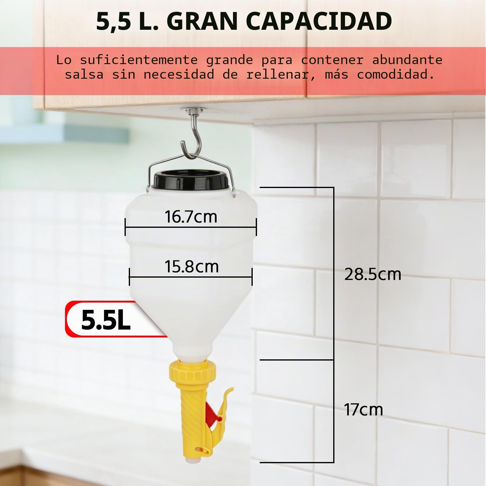 JAOGAUS Dispensador de Salsa Colgante, Botella de 5,5L con 5 Opciones de | Vertido Ajustables, Botella Squeeze Grande para Ketchup, Mostaza, Mermelada, Dispensador de Salsa para Restaurantes, Puestos