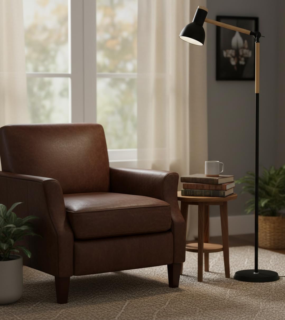 BEL AIR HOME Lámpara de pie TEACHER Negro/Madera | Diseño Moderno Elegante, Ideal para Salón, Comedor, Oficina, Habitación, Altura 155 cm,1xE-27 (BOMBILLA NO INCLUIDA)