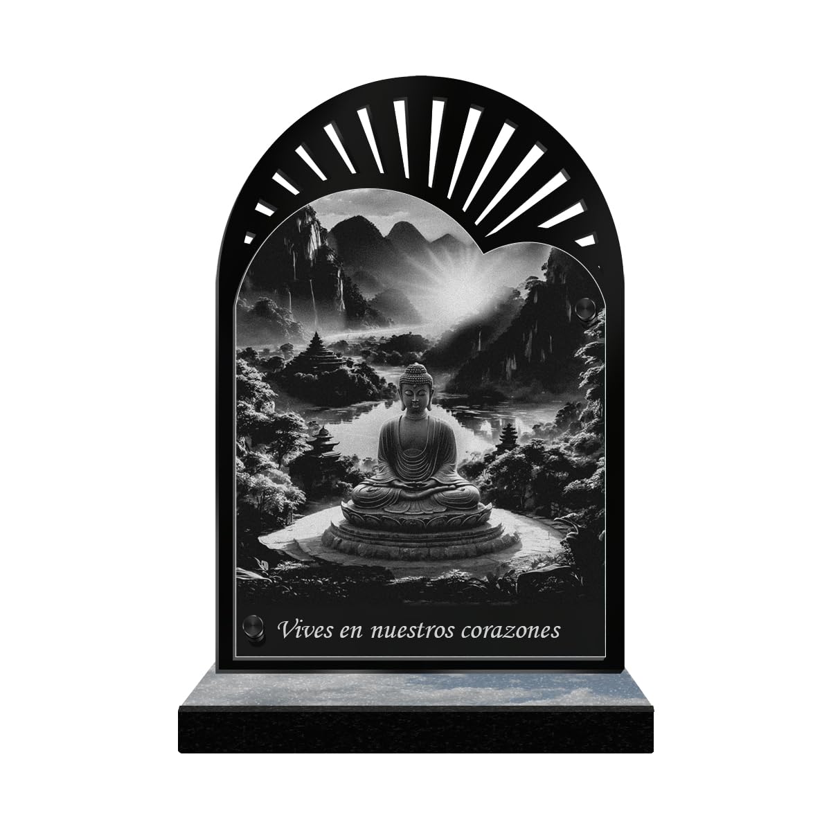 Eternel - Placa Funeraria Personalizada Rayos De Sol - Buda, Budismo, Espiritualidad - Texto Personalizable, Placa Funeraria Grabada con Láser para Homenaje, Placa Cementerio Tumba Sepultura