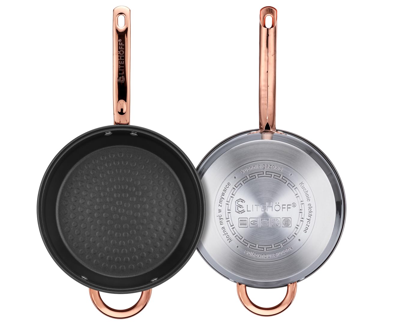 EliteHoff Topfset Induktion, Kochtopf Set mit Glasdeckel, 7-lagiger Edelstahl Topf- & Pfannensets mit Deckel, Griffe in Roségold, Kochgeschirr Set für alle Herdarten (12-teilig)