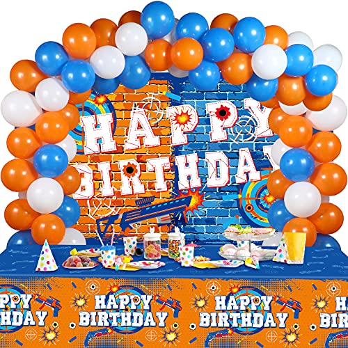 62 Pieces Dart War Happy Birthday Party Decorations Dart Gun Birthday Supplies Gun Theme Birthday Party Decorations Dart War Banner Tablecloth and balloons for Kids Birthday Party Supplies