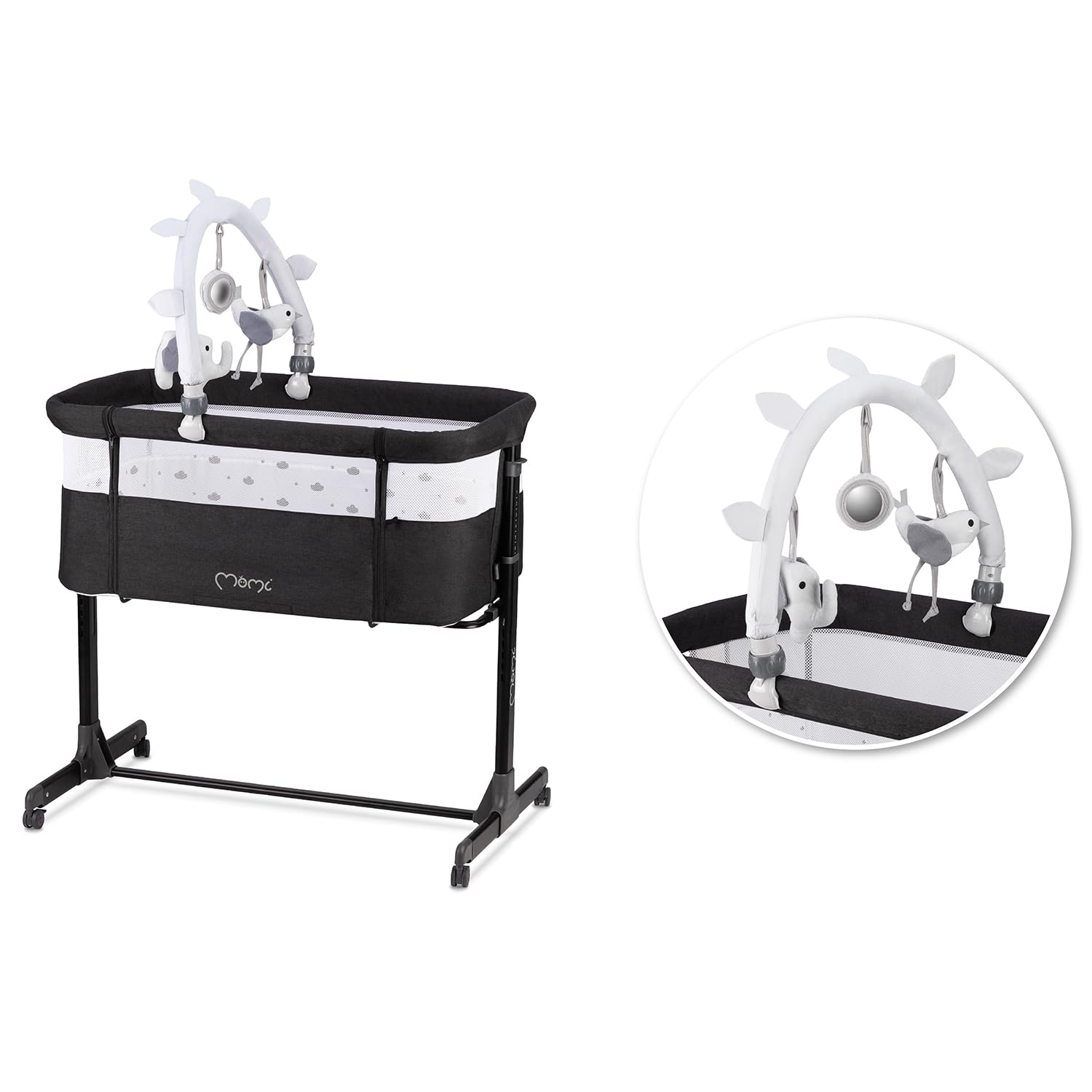 Momi REVO Lettino multifunzionale, con regolazione dell'altezza su 6 livelli da 72 a 82 cm, con rotelle, materassino incluso, cinghie di fissaggio, zanzariera e barra giochi