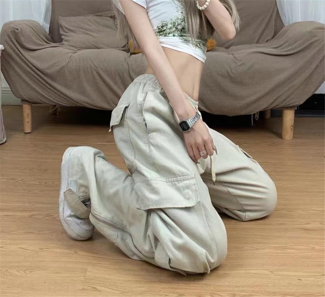Fjnbbiot Pantaloni Cargo retrò Donna Tasche Vintage Pantaloni Larghi Pantalone Gamba Larga Femminile