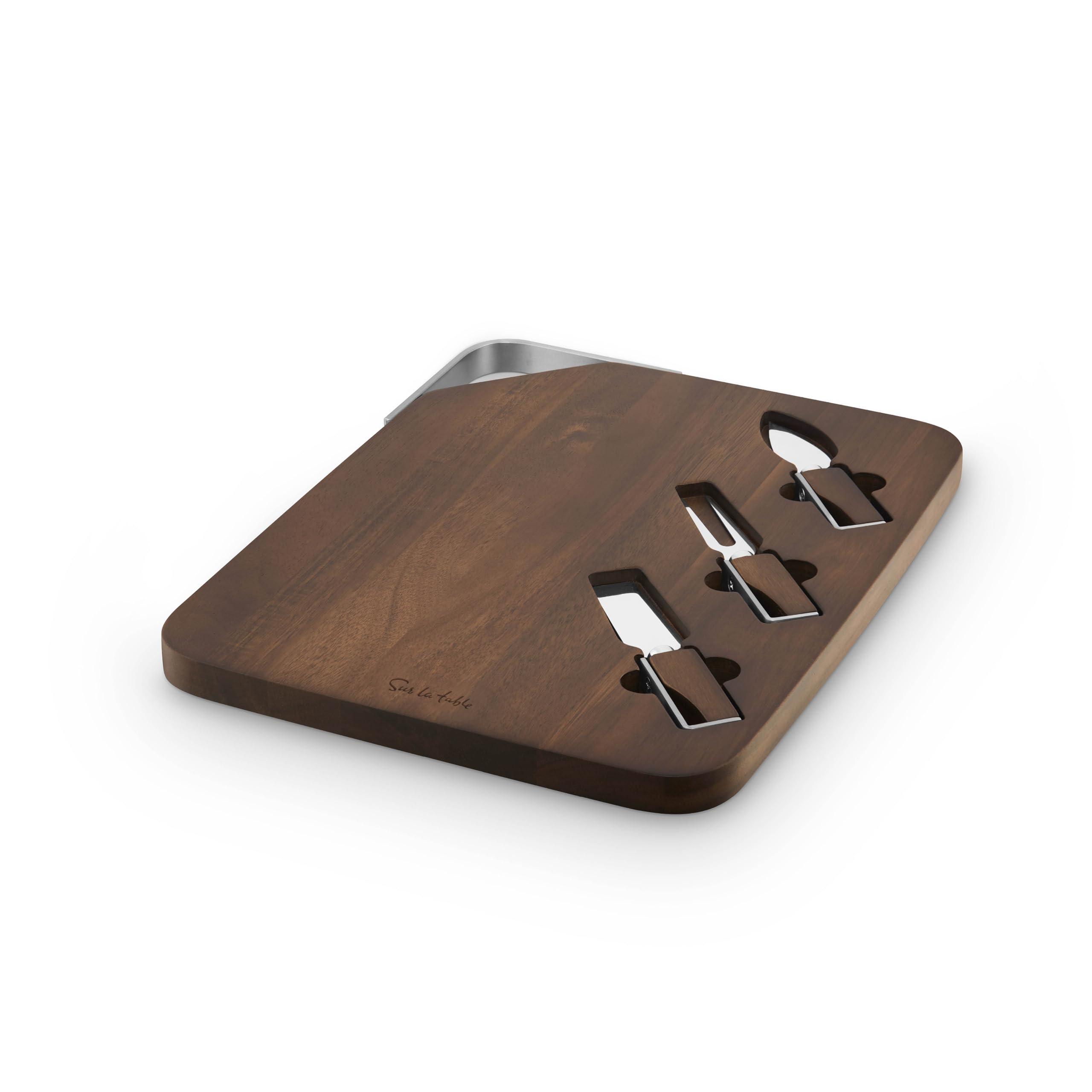 Sur La Table Core Rectangular Cheeseboard, 3 Stainless Steel Cheese Knives, Made from Strong Acacia Wood, Brushed Nickel Handle, Walnut Colour, SLT847109