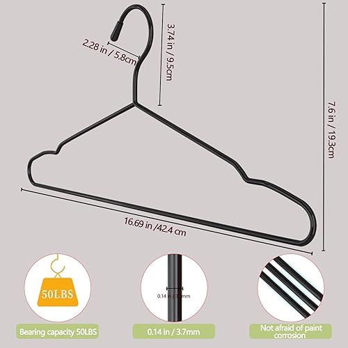 Miniatura 4 de Juego de 40 perchas + 5 clips, perchas de metal negro mate resistentes de 16.69 pulgadas, soporta 50 libras de peso, acabado con recubrimiento en