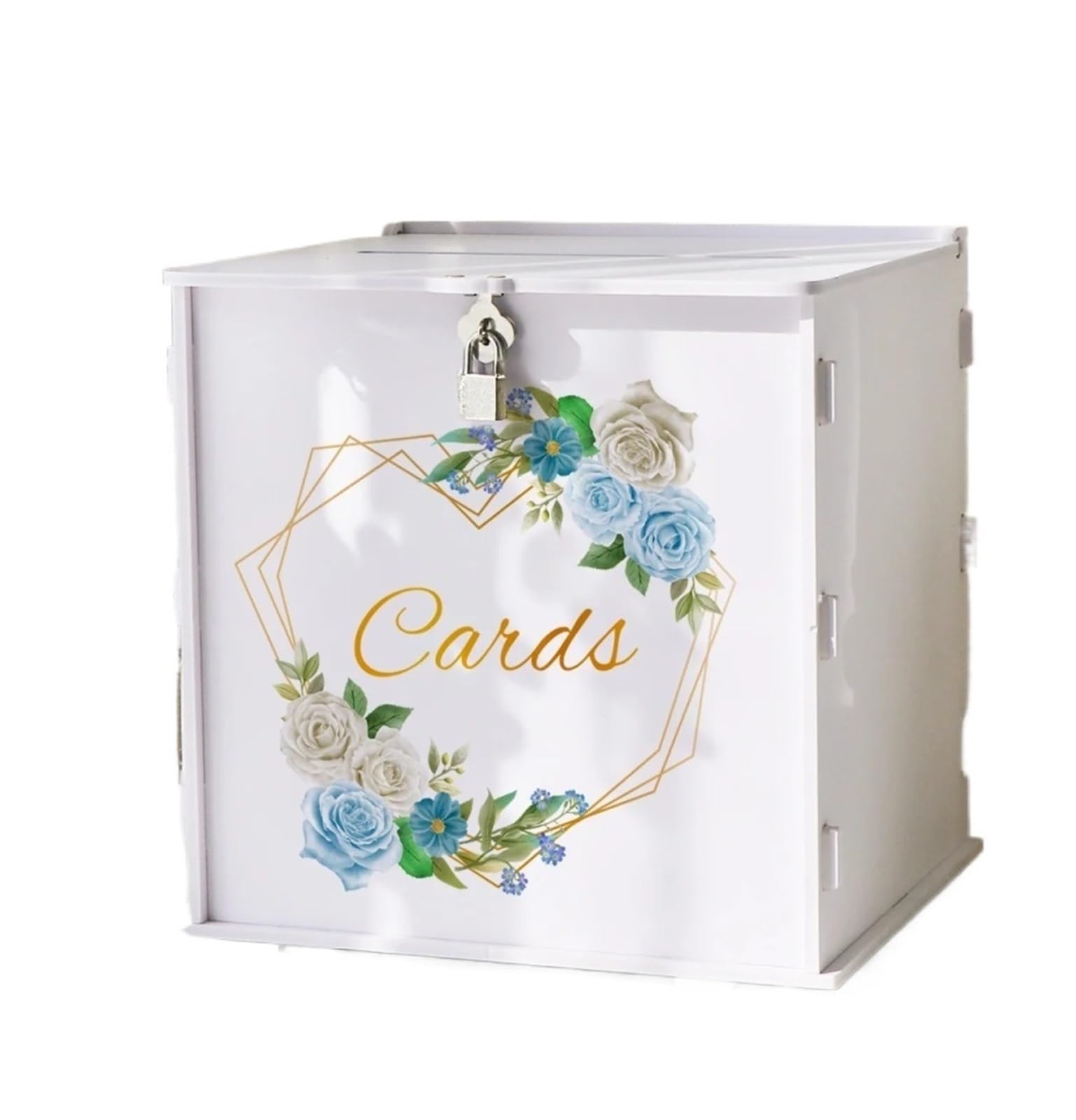 YXINAER Wedding Card Box White Blue Rose Wedding Card Box With Lock, Suitable For Reception, Graduation