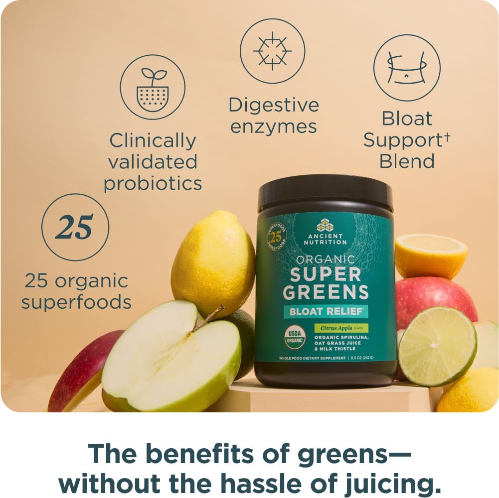 Ancient Nutrition Organic SuperGreens Bloat Relief, Digestive Enzymes, Prebiotic Fiber & Probiotics, Supports Bloat Relief & Digestive Health, 25 Superfoods, Citrus Apple, 25 Servings - Image 3