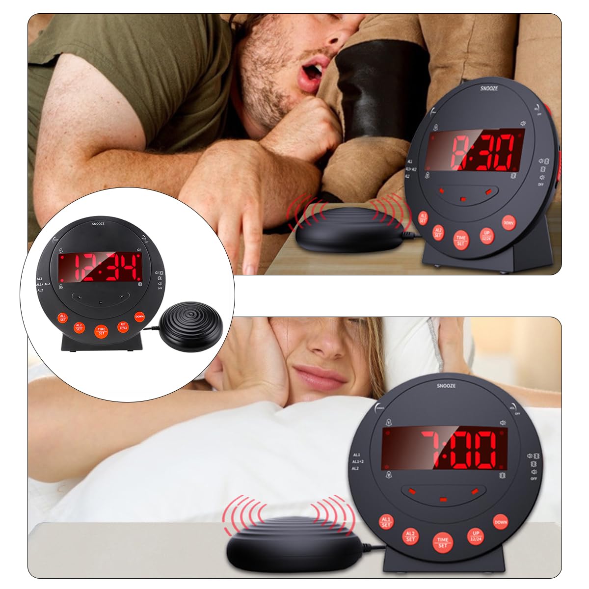 Sarini Sveglia con Vibrazione Estremamente Potente, Allarme Extra Forte per Chi ha Il Sonno Pesante/Non udenti/con Problemi di udito, Display Extra Grande per Anziani con Doppio Allarme