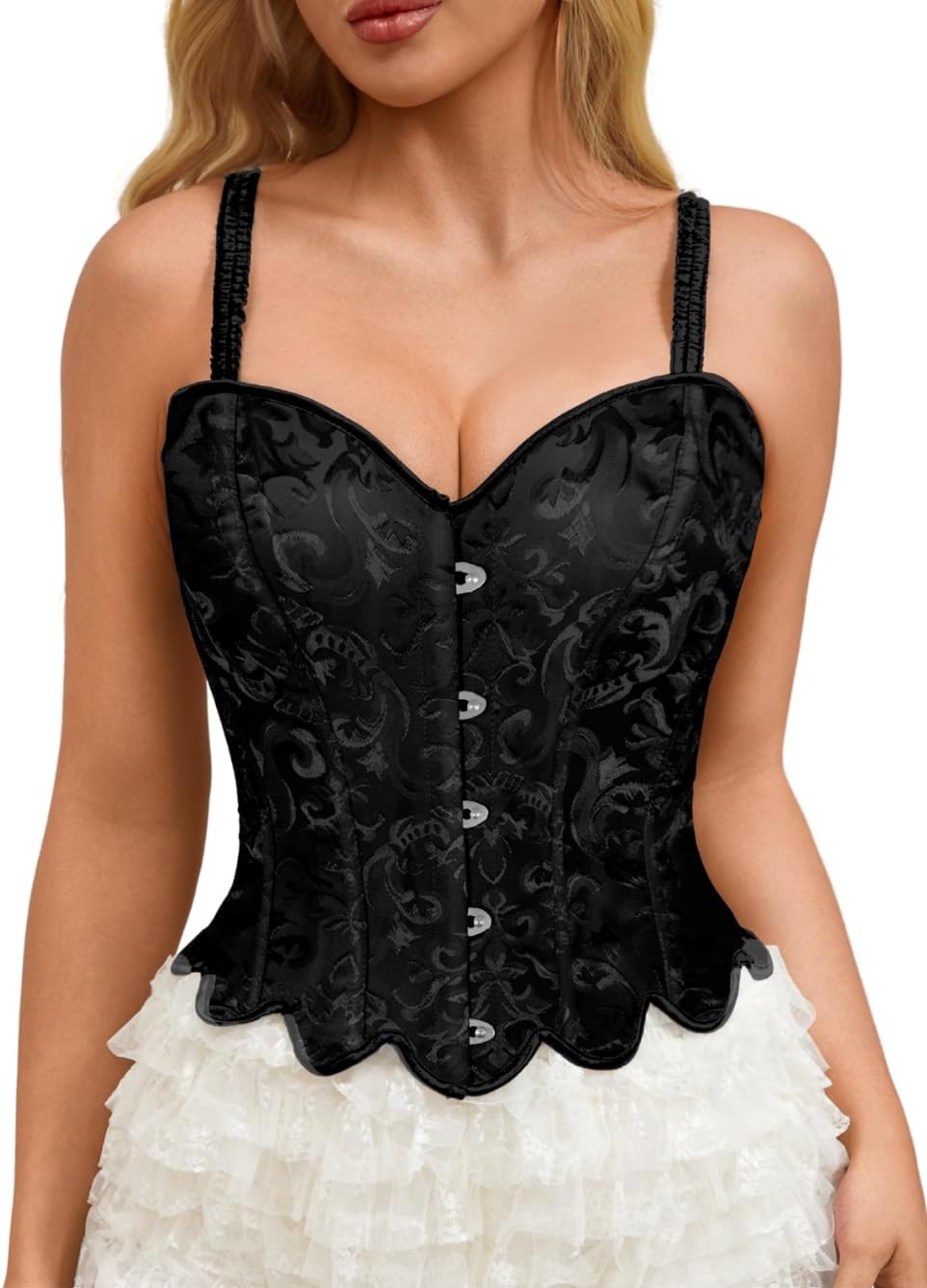 ChiaoLezhee Vintage Overbust Corset Tops for Women, Jacquard Floral Lace-Up Corsets with Straps, Renaissance Bustier Top