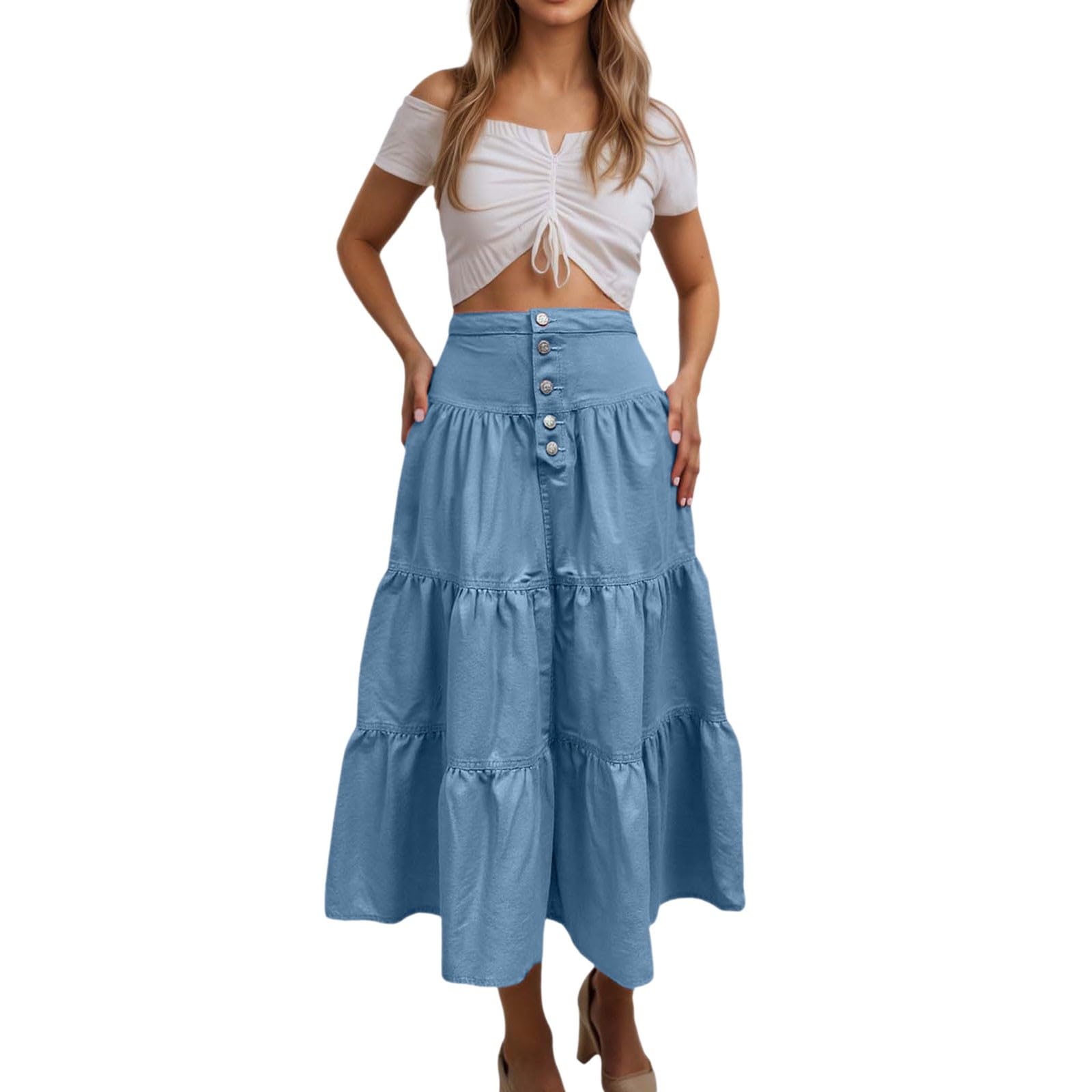 Générique Jupe Longue en Jean pour Femme Taille Haute Fluide à Volants plissée Coupe trapèze Parfaite pour Tenues décontractées Vacances et Style Streetwear