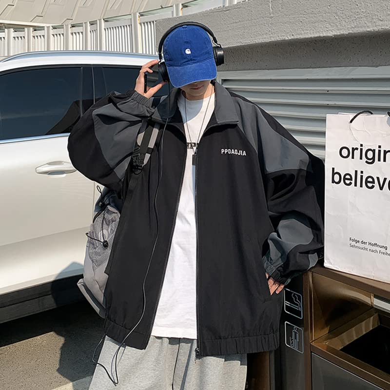 Image of GAI Men's Varsity Jacket Harajuku Vintage Bomber Jackets Techwear Windbreaker Color Block Unisex Coats Korean Streetwear (B Dark,M)