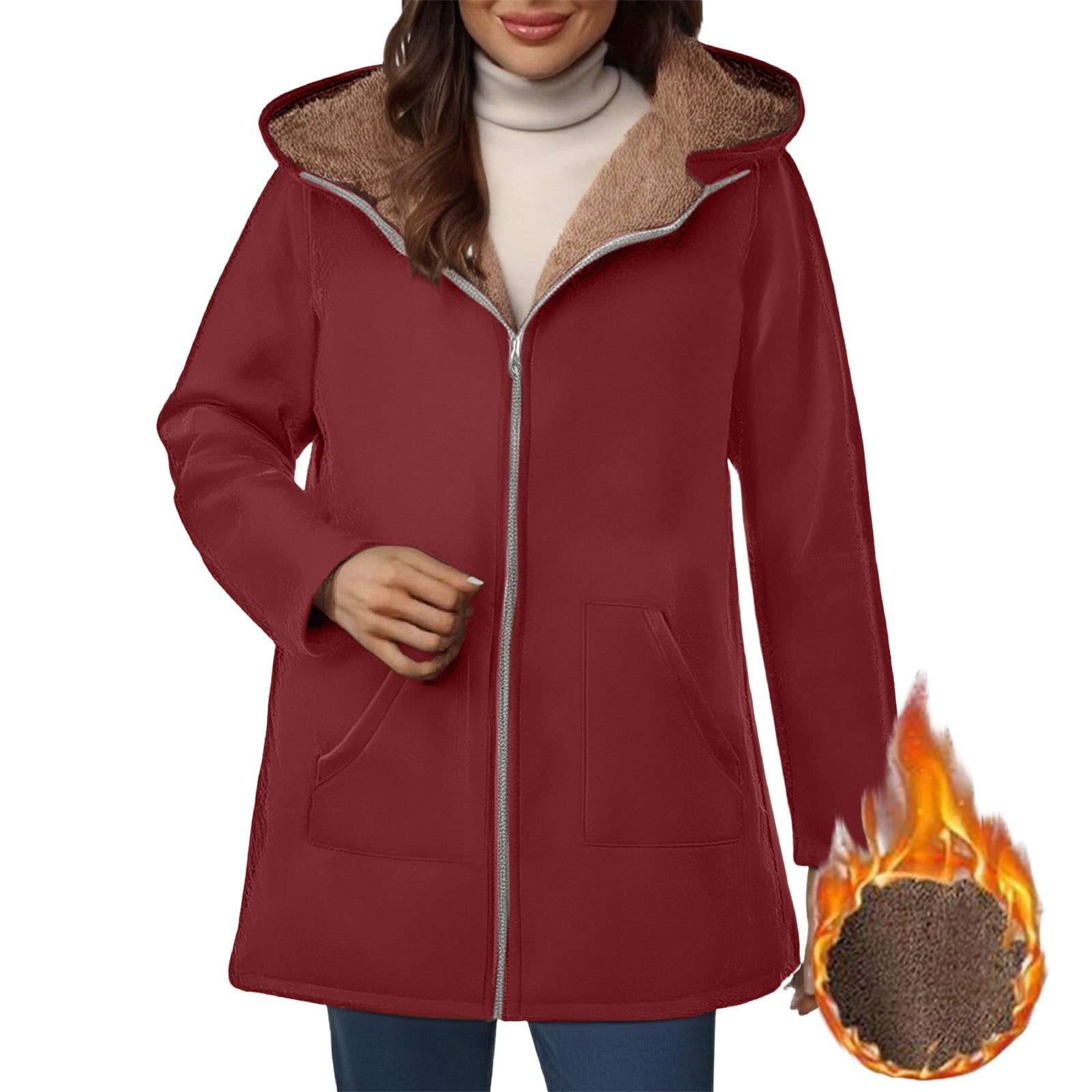 Generisch Cappotto invernale da donna, lungo, con calda imbottitura, parka invernale, caldo, trapuntato, in pile, giacca invernale a maniche lunghe, antivento, per esterni, con cappuccio