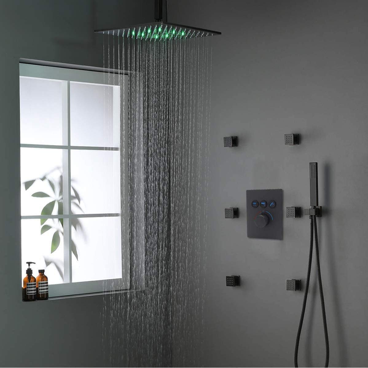 Sistema de ducha termostático de latón negro mate para montaje en pared, sistema combinado de cabezal de lluvia LED de 10 a 12 pulgadas con chorros corporales y ducha de mano, juego de baño de 12 pul