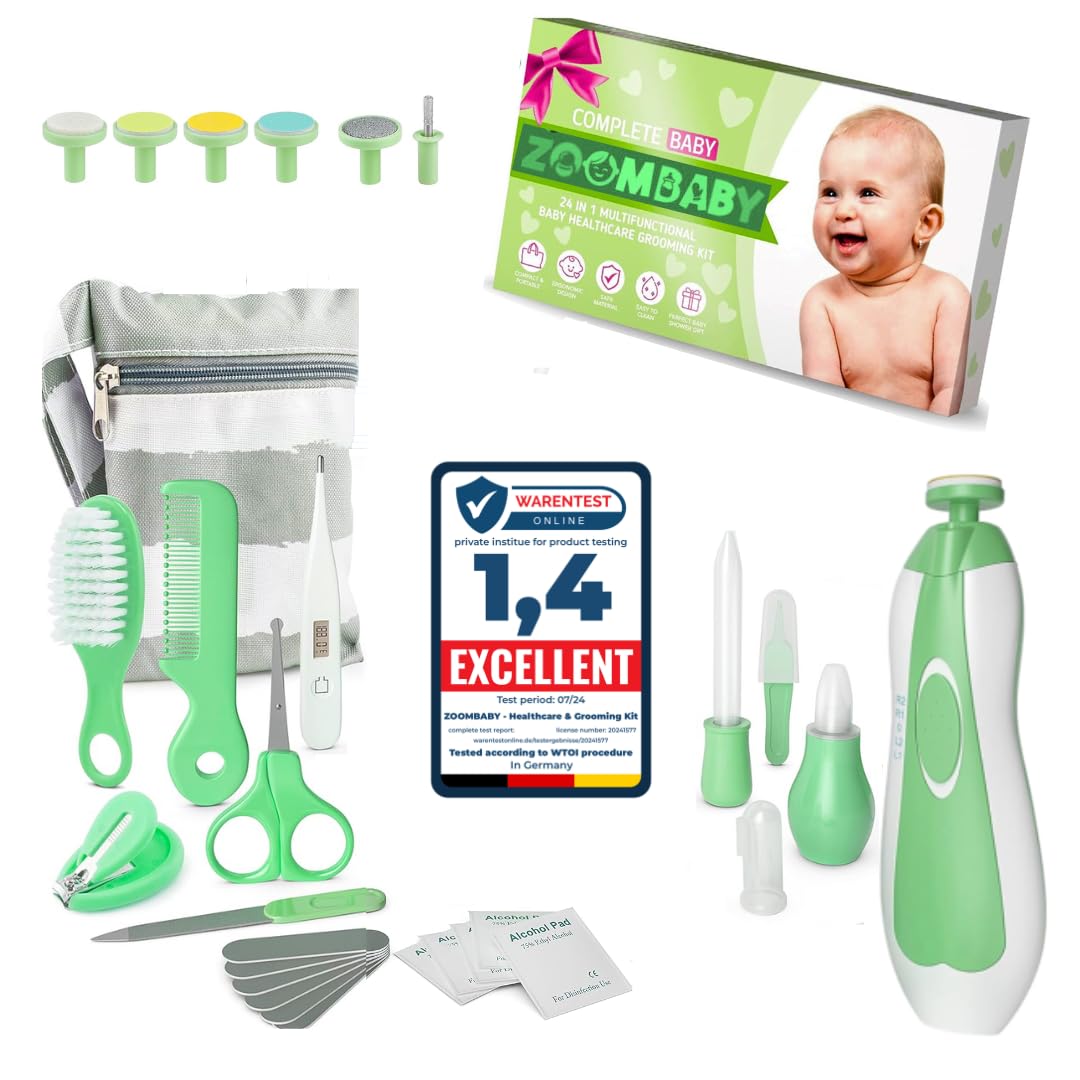 24 in 1 Baby Health Care and Grooming Kit - Newborn Essentials, Baby Must Haves for Boys & Girls, New Baby Gift Includes Electric Nail Trimmer Baby Nasal Aspirator (Green)