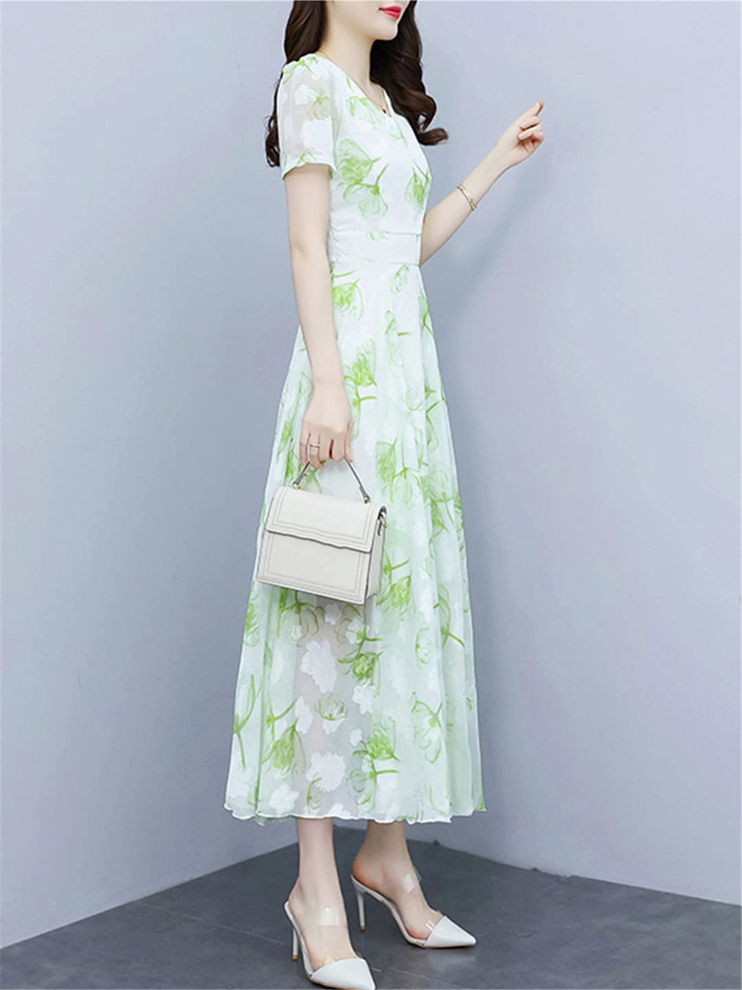 Abito midi casual floreale estivo da donna, elegante, in chiffon, lungo, formale, da sera