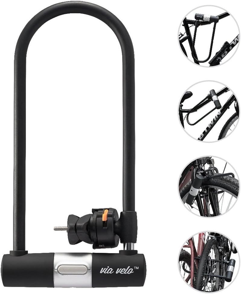 CaseyPop Bike Lock With U Shackle - Via Velo Heavy Duty Bike U Lock Shackle 15mm with 3 Keys and Weatherproof Shock Lock Set, Bike Tire Lock for Road Bike Mountain Bike Electric Bike Folding Bike