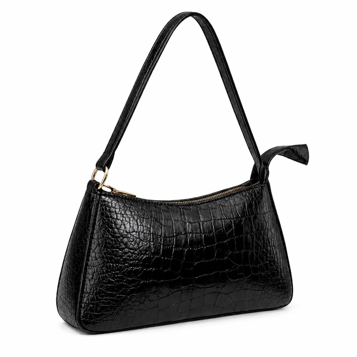 Trendy Croc-Effect Shoulder Handbag for Women | Mini Underarm Purse | Premium PU Leather Shoulder Bag with Zipper Closure | Lightweight Casual Office Travel Shopping Handbag for Girls (Black)-image-14
