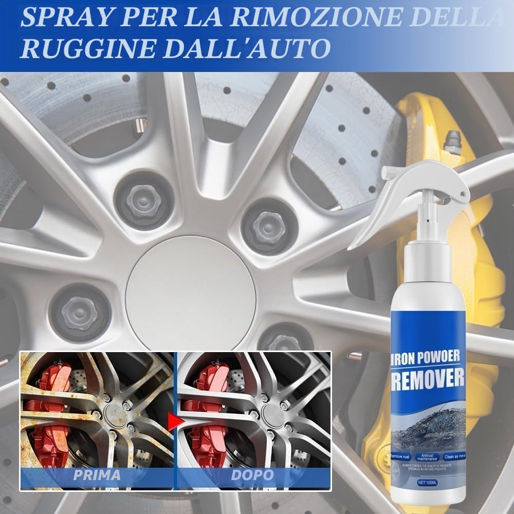 Rimuovi Ruggine Spray 100ml, Pulitore Antiruggine Multiuso per Metallo, Auto, Bici e Catena della Bicicletta, Rimuove Polvere di Ferro e Residui di Freno