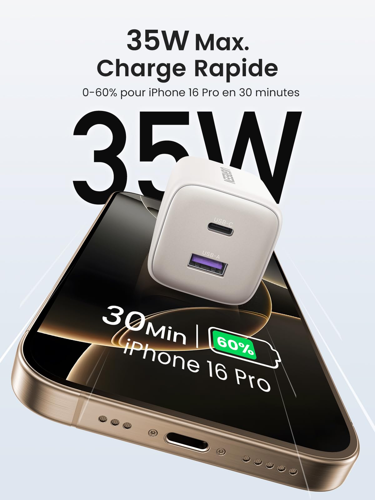 UGREEN Nexode 35W Chargeur USB C Rapide iPhone 2 Ports GaN Prise Secteur Compatible avec iPhone 17 Pro Max Air 16 15 14 13 Plus Pixel 9 8 Pro 7a Galaxy S25 S24 S23 A56 A16 iPad MacBook Air Neo(Blanc)