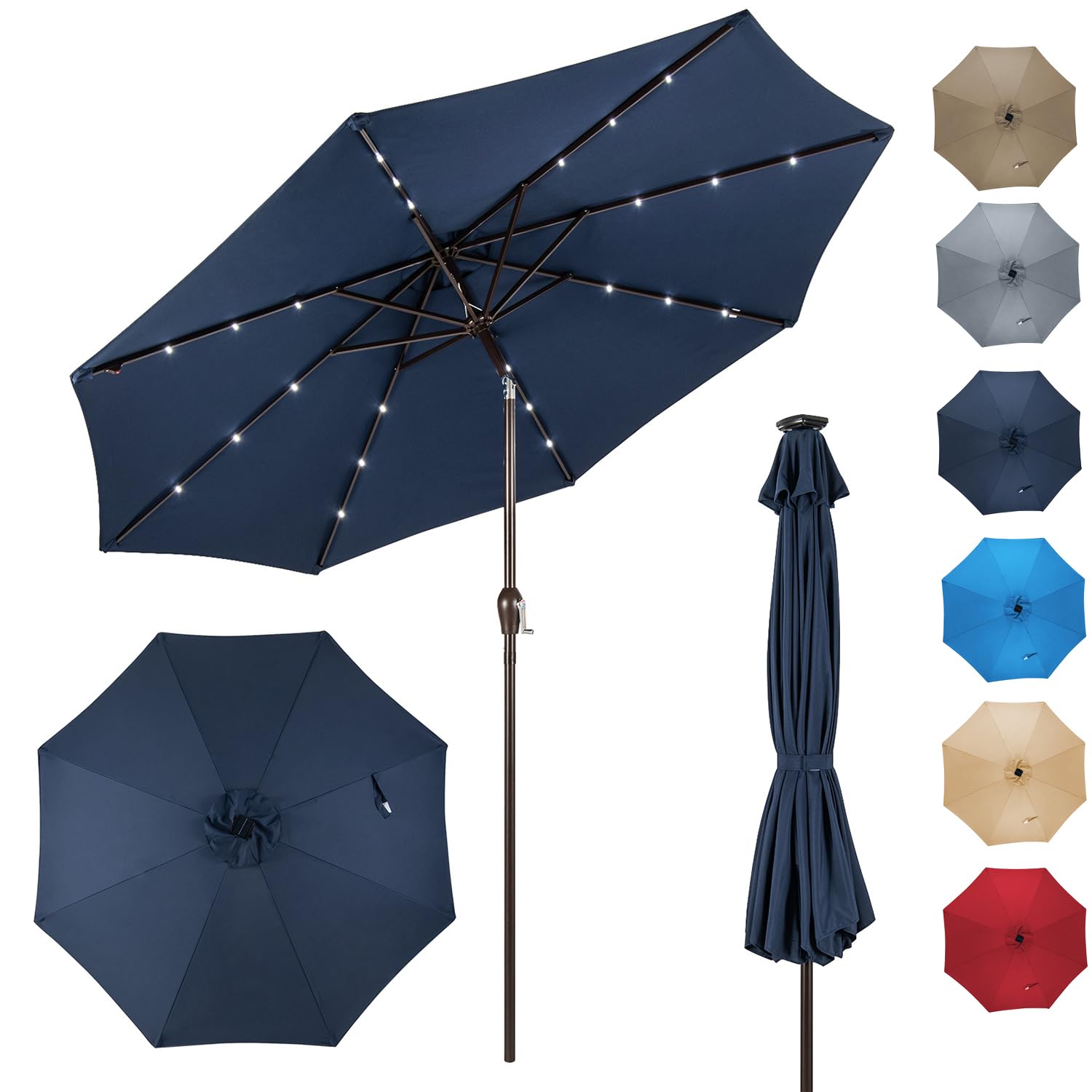 RELAX4LIFE Parasol Inclinable LED 3M à 8 Baleines en Fibre de Verre, Marine