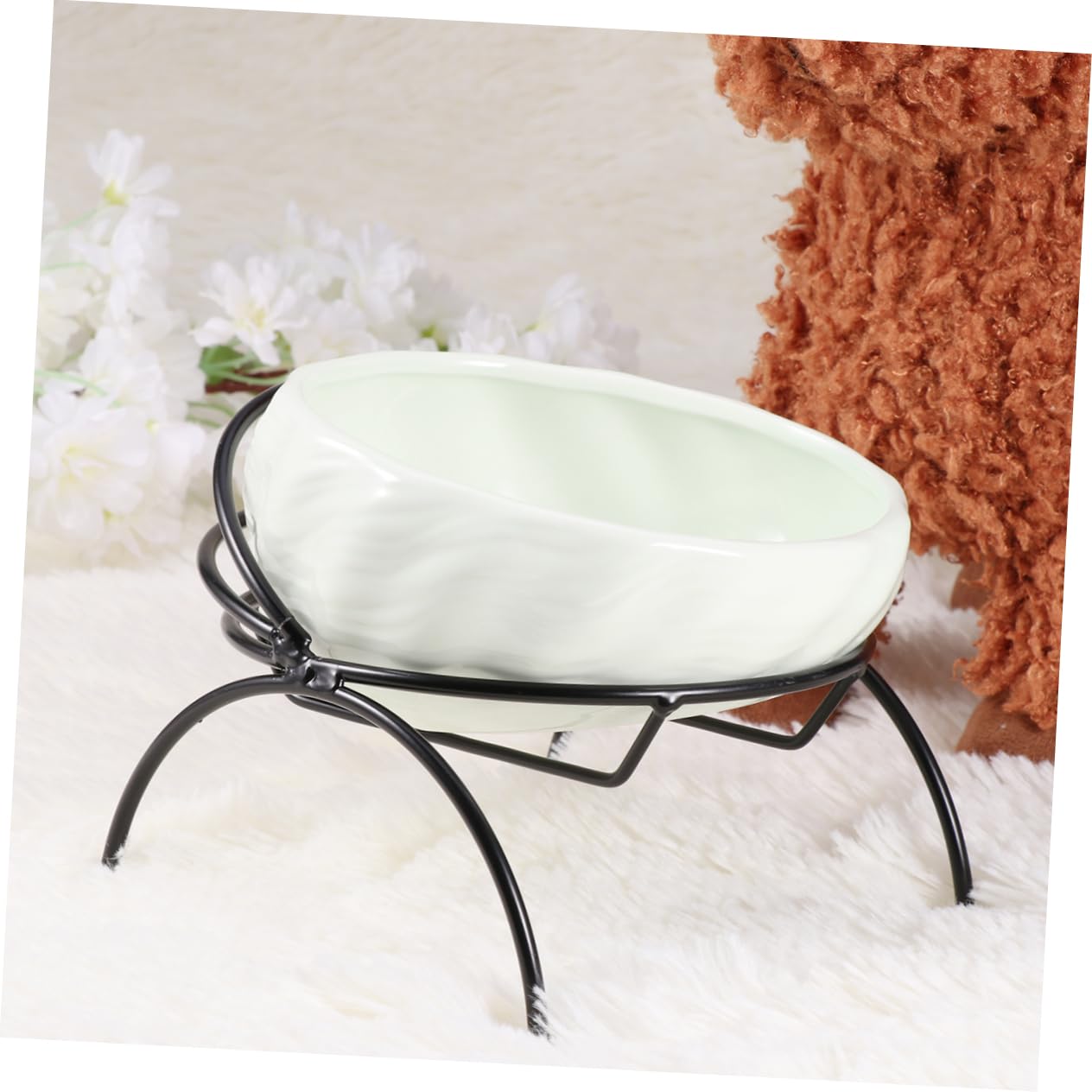 Mikikit 1 Set Pet Feeding Bowl with Iron Frame Rack Light Green Ceramic Dog and Cat Water Feeder Stable Design Prevents Sliding Easy Comfortable Feeding