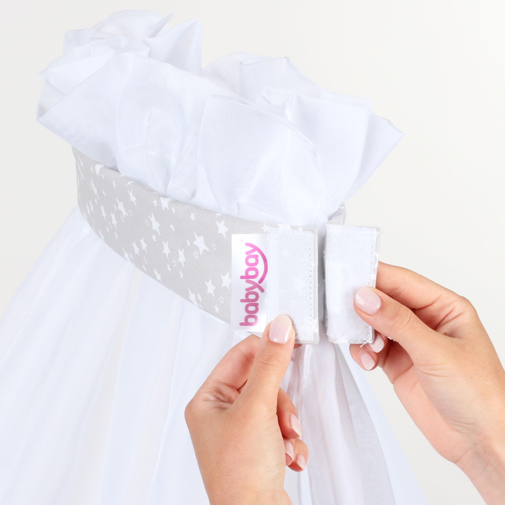 babybay Himmel Piqué mit Band passend für alle Modelle bis 96 cm Länge, perlgrau Sterne weiß