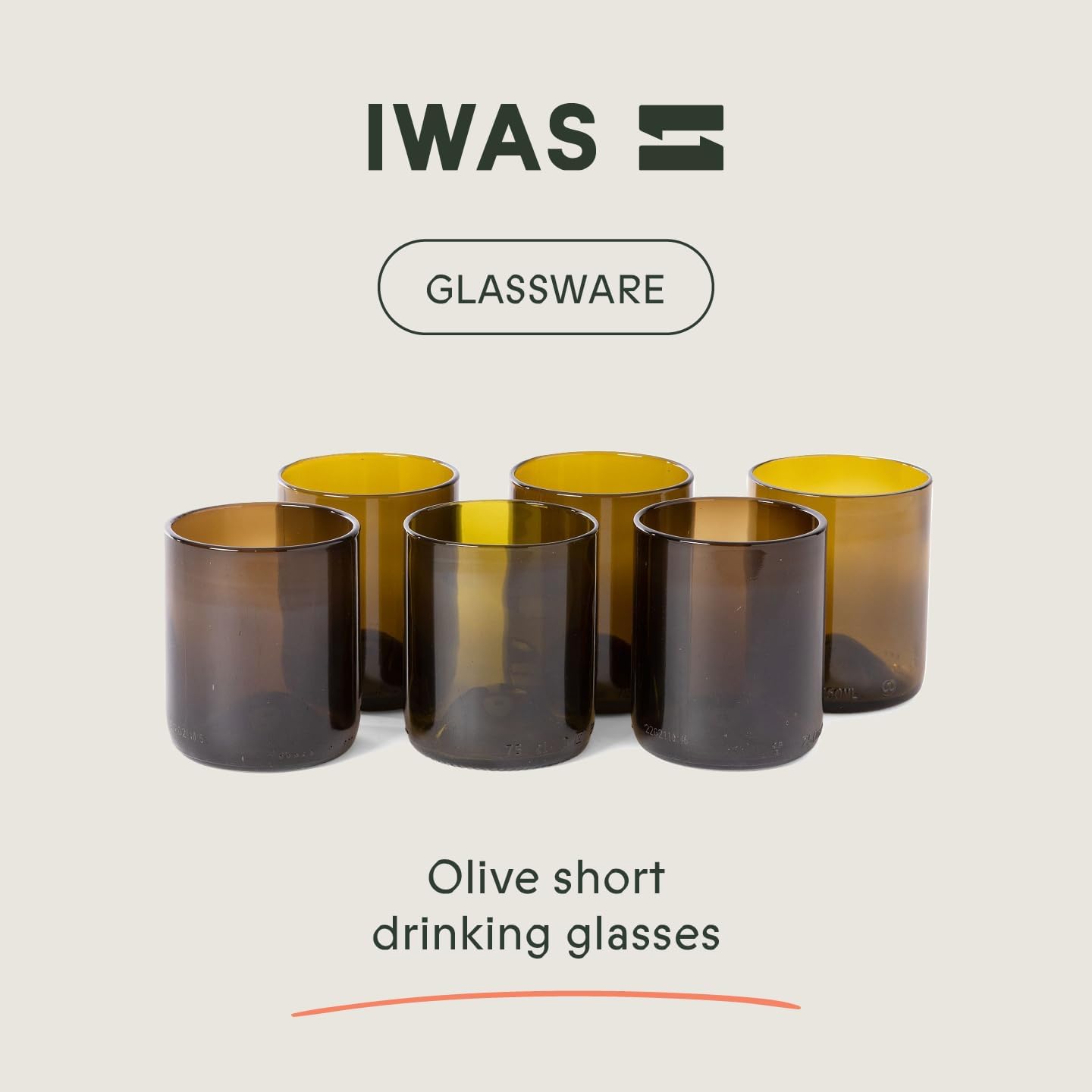 IWAS Upcycled Olive Drinking Glasses | 250 ML | 8.45 OZ | Set of 6 | Sustainable Water Glasses | Environmentally Friendly Dark Brown Glasses For Home - Image 2