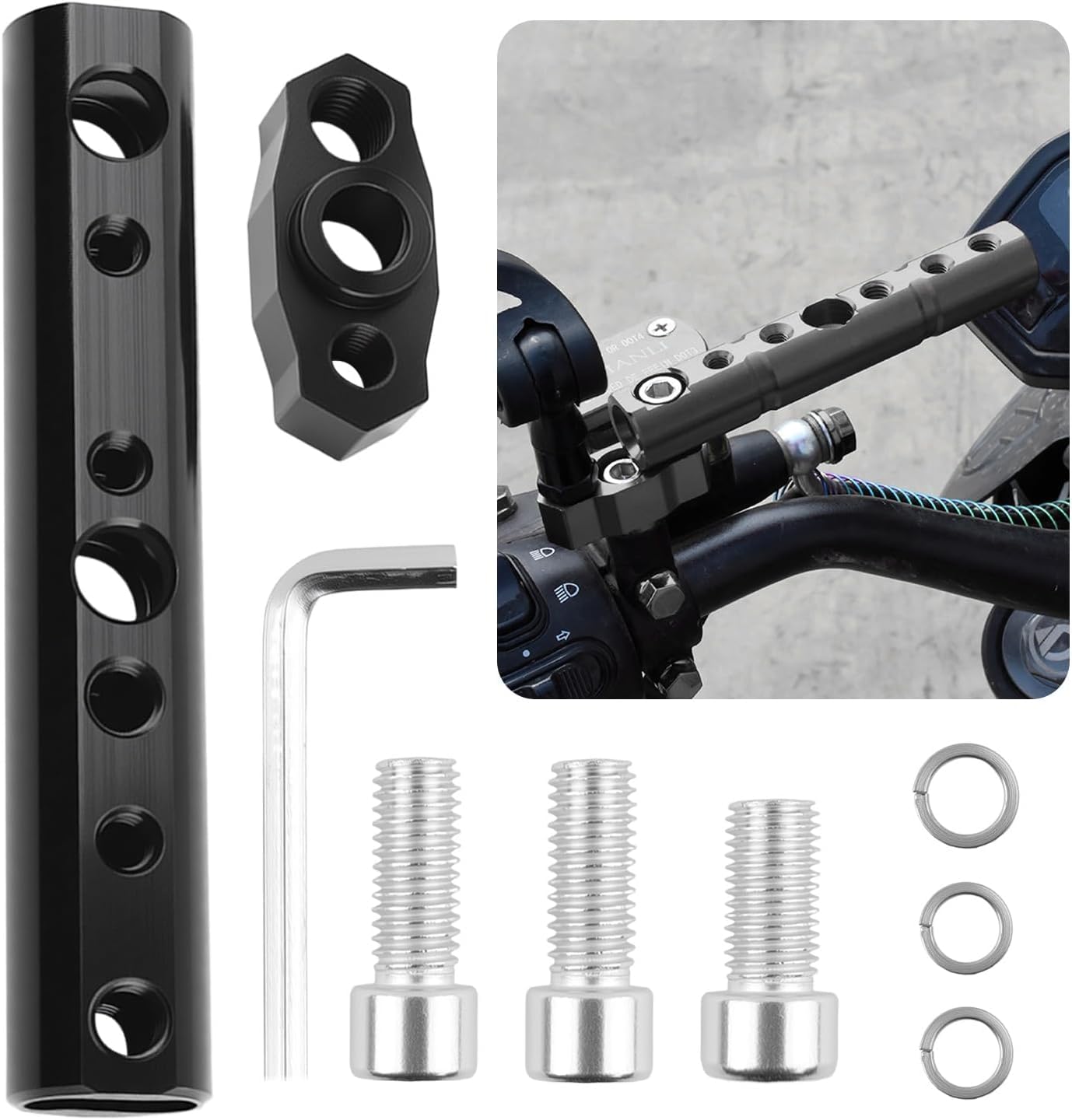 Motorcycle Mirror Extenders for 8mm & 10mm,Motorcycle Mirror Mount with Multi Mounting Holes,Multi-Purpose Motorcycles Handlebar Mount for Fixing Mirrors,Spotlights,Phone Holders (Black)-image-14