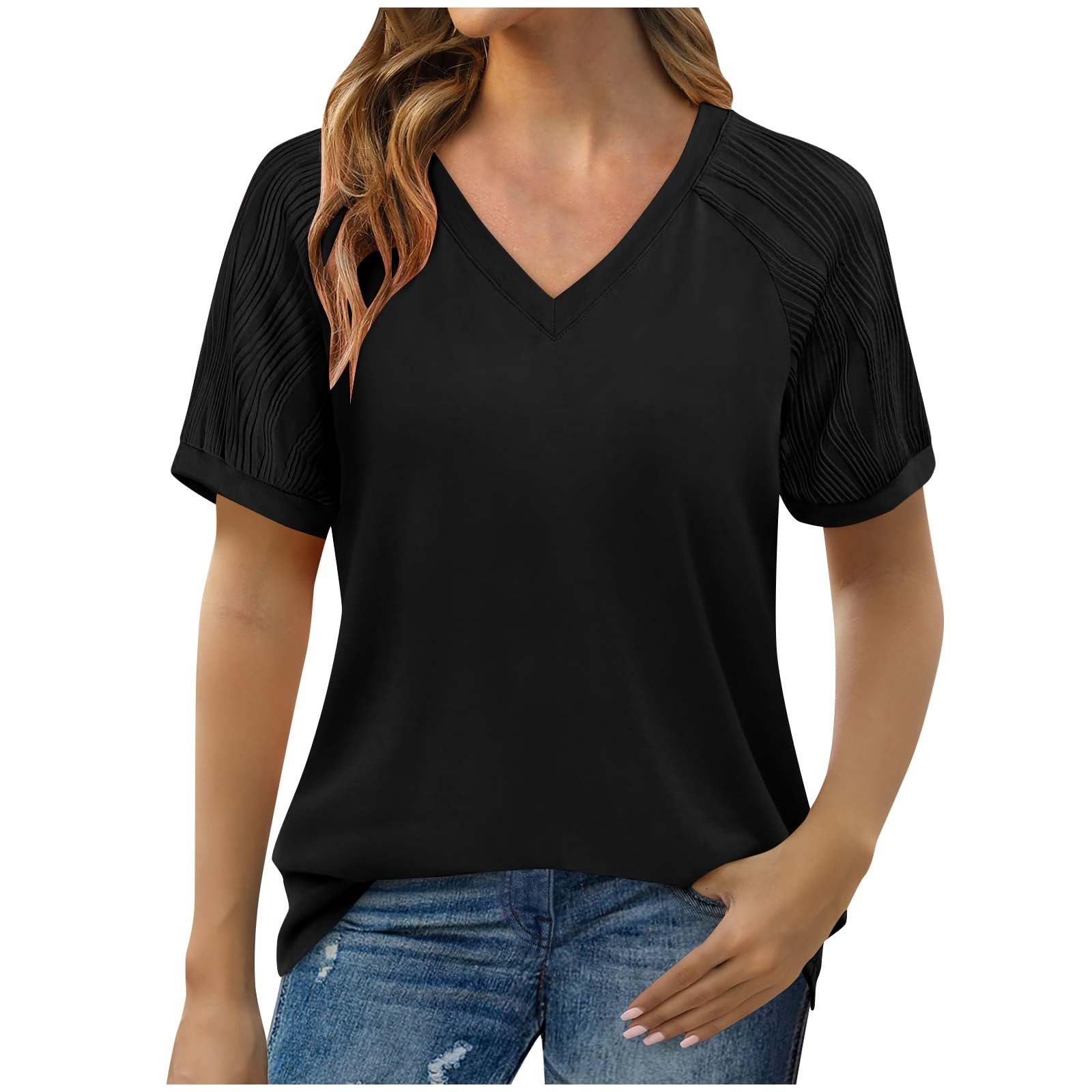 JYJXFD Blusa Mujer Talla Grande Camisa Mujer Elegante Blusas De Vestir De Mujer Tops Mujer Día Festivo Cortas Moda Camiseta Manga Corta Escolar Estirar V Cuello T-Shirt Perder Color Sólido