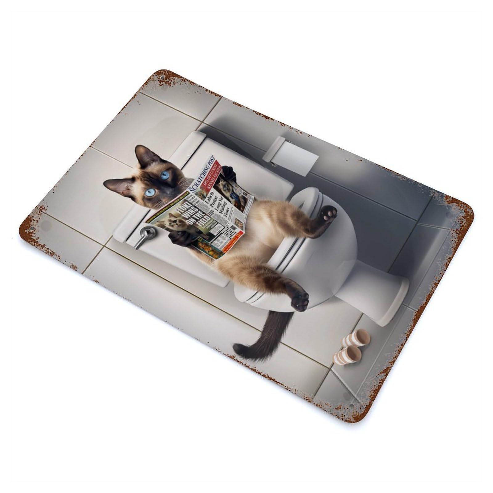 Distressed Metal Wall Sign with Siamese Cat on The Toilet Design 11.8"x7.9", for Living Room, Hallway And Home Decor, Vintage Wall Decor