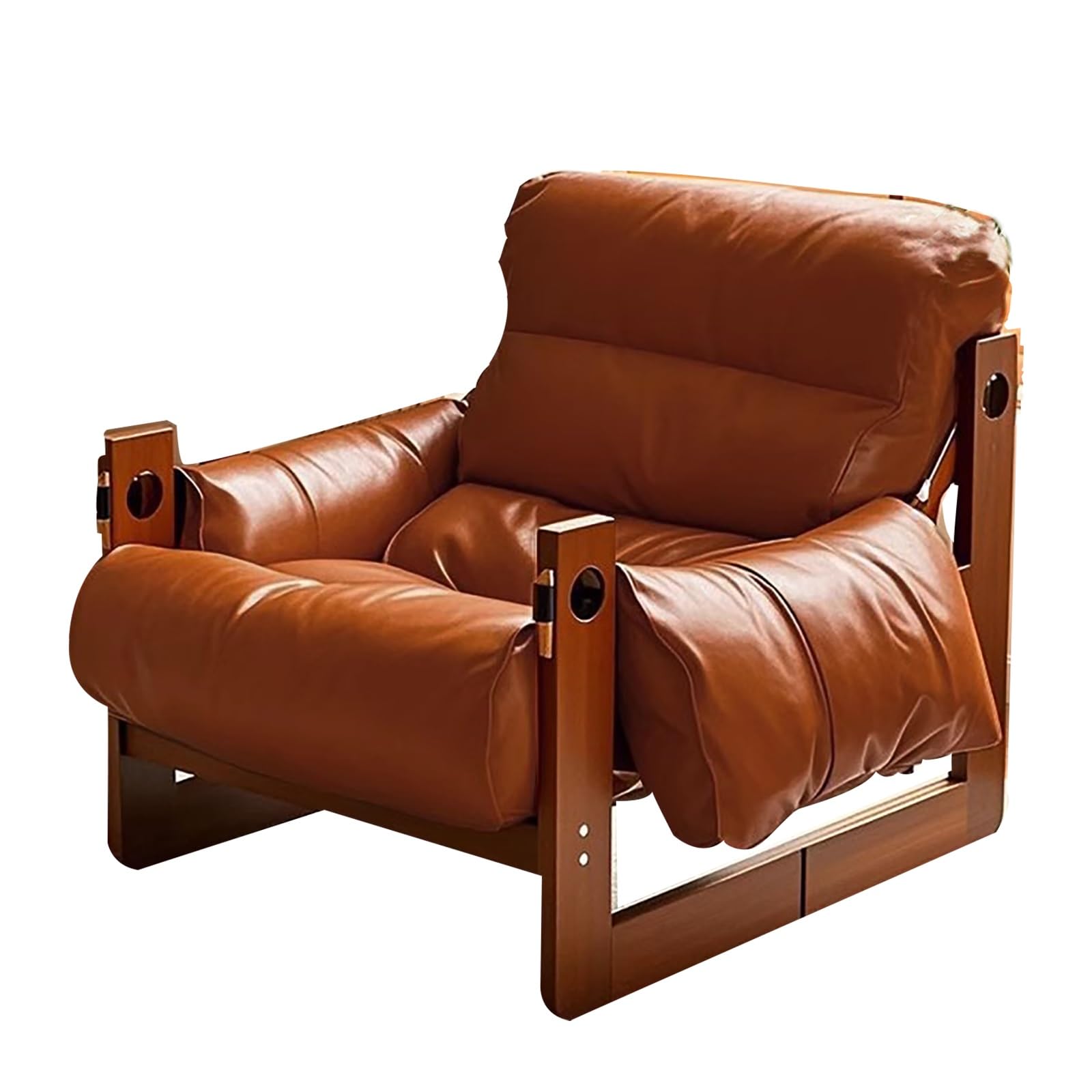 Fotel Relax Vintage, Retro Lounge Krzesło z Ramą z Drewna Gumowego i Skórą Olejowo-Woskową, Wygodne Siedzisko do Salonu i Biura(Red)