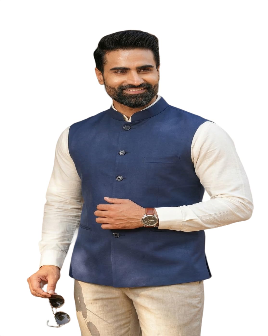 maykr Men’s Navy Blue Cotton Silk Nehru Jacket | Traditional Indian Ethnic Modi Jacket Waistcoat for Weddings, Festivals & Formal Wear | Mandarin Collar Sleeveless Bundi-picture-41