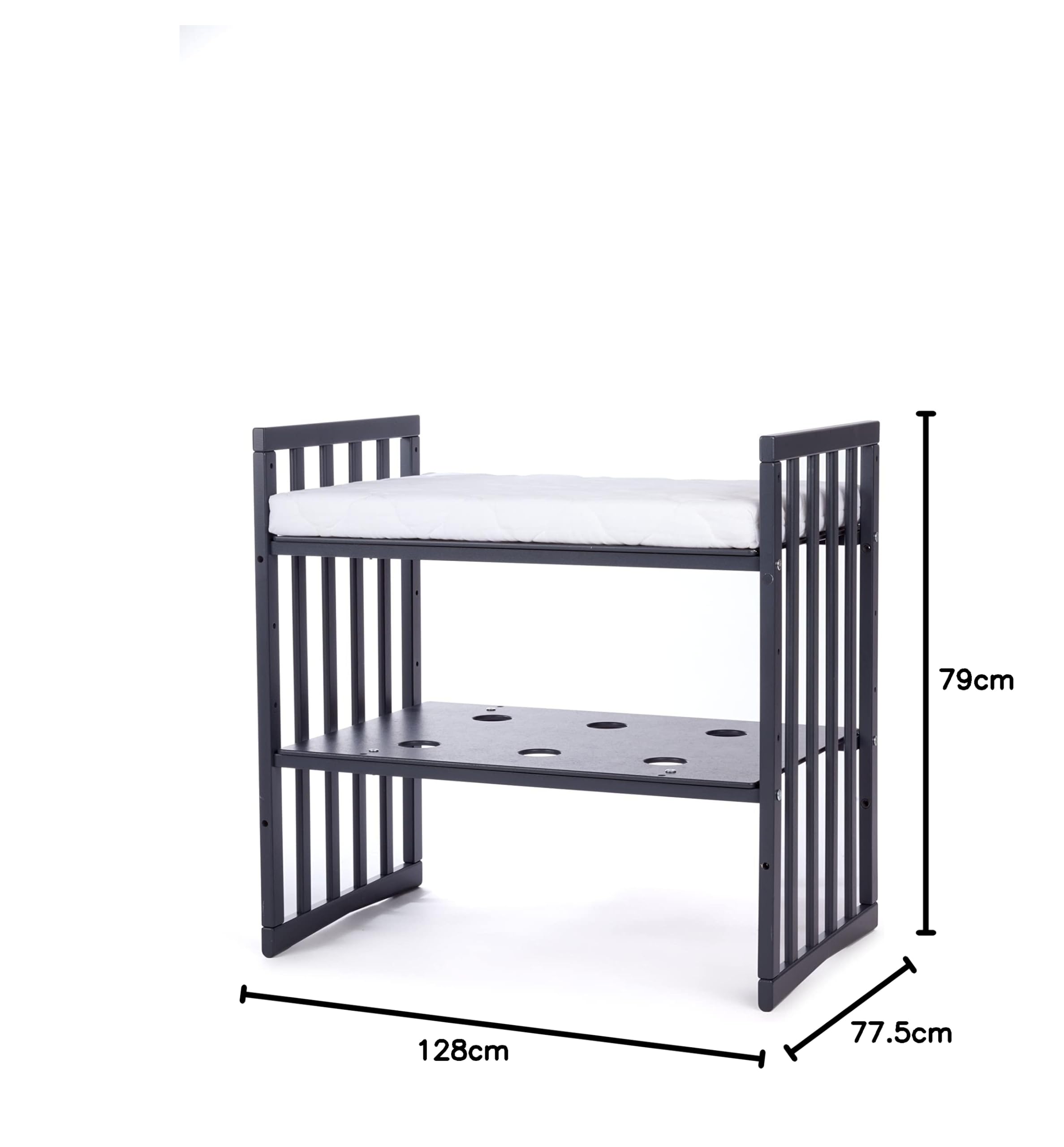 waldin Babybett Oval 7in1, Matratze, Rollen, Regal, Graphit | Ohne Stoffset, Mitwachsend, Beistellbett aus Holz, Wiege optional