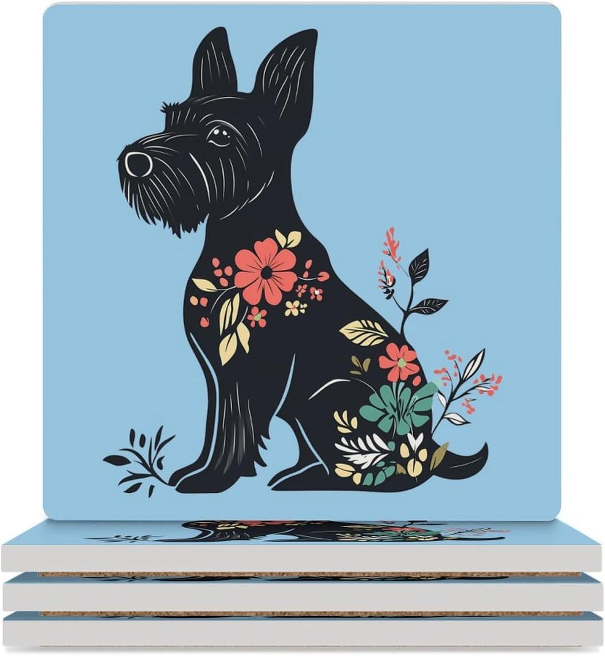 Scottish Terrier Floral Ceramic Coasters Set Square Drink Coasters Table Coaster for Kitchen Desktop Decor