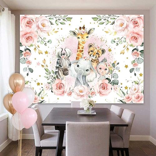 Miniatura 4 de Sensfun Telón de fondo de fiesta de baby shower con texto en inglés "It's A Girl" ("It's A Girl"), diseño floral rosa, animales del zoológico,