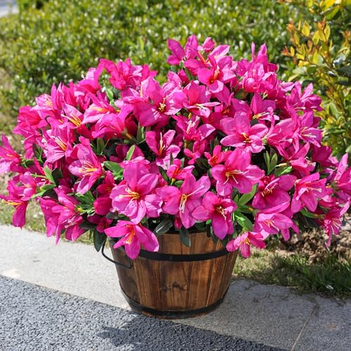 Inspring Artificial Fake Flowers For Outdoors Spring Outside Decoration, 3 Bundles Silk Azalea Faux Plants Uv Resistant Realistic Outdoor Flowers For Planter Porch Patio Garden Walkways Home, Fuchsia