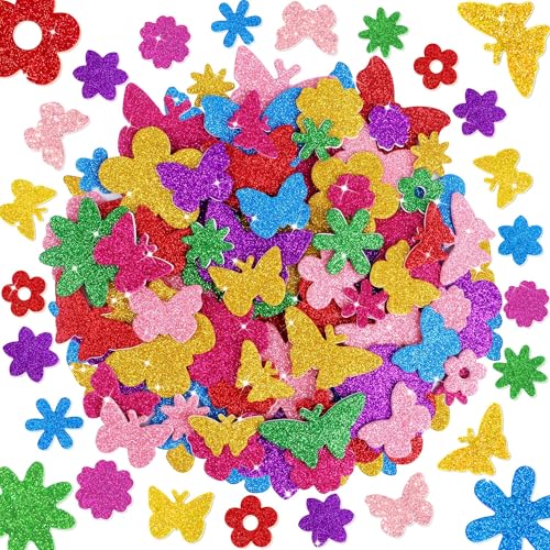 Foam Stickers 7 Sheets 3D Glitter Foam Flower and Butterfly Shapes Stickers 448 PCS Colorful Self-Adhesive EVA Spring Foam Stickers for Kids DIY Crafts Scrapbooking Party Classroom Home Decor