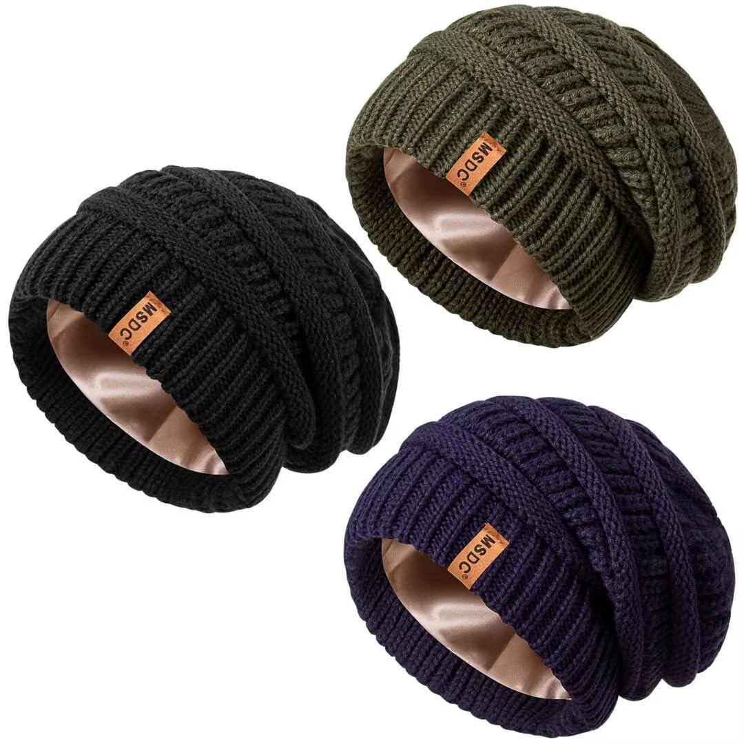 3 Pack Satin Lined Beanie for Women, Warm Slouchy Winter Hats with Silk Lined, Fashionable Oversized Cable Knit Hat Skull Cap-05