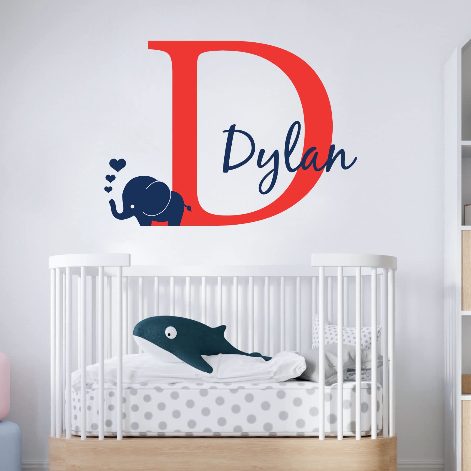 Personalised Baby Girl/Boy Name with Initial Letter and Baby Elephant, Hearts - 2 Colours [Large] [Poppy]