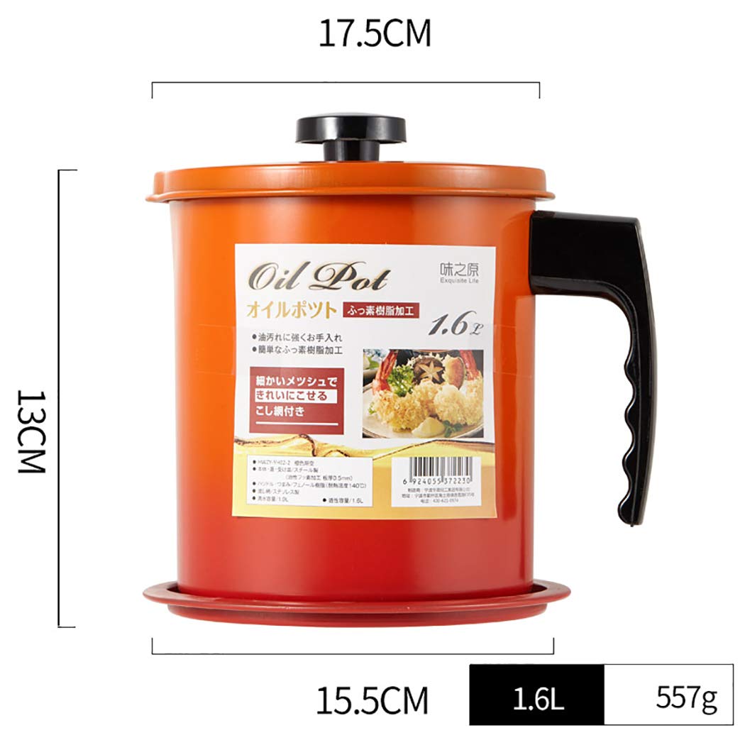 Non-Stick Pan Bacon Grease Container With Fine Mesh Strainer, Quart Iron Cooking Oil Can With Removable A Coaster Tray For Kitchen Fat Storage (1.6L, Orange)