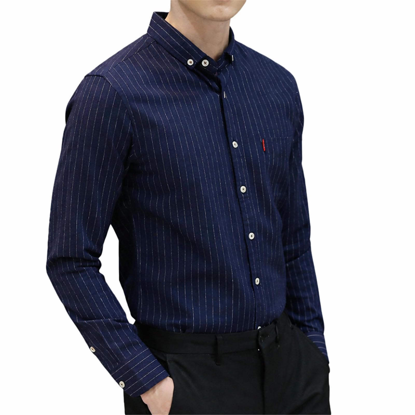 Camicia da uomo foderata in pile, con bottoni, verticale, a righe, business, tempo libero, con tasca, calda camicia invernale