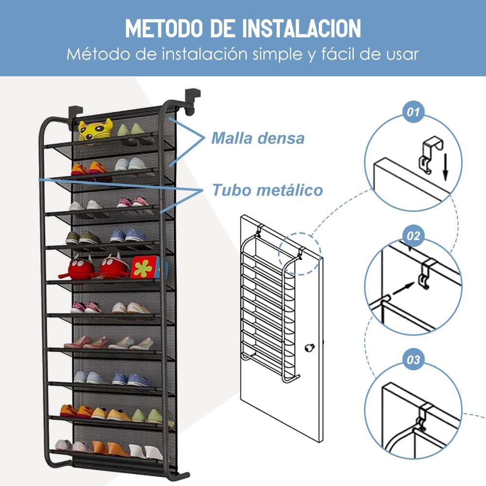 Organizador de Zapatos Colgante para Puerta de 10 Niveles, Negro, Marco de Acero con Malla, 54.5x21x159cm, Ahorro de Espacio, Multiusos (Negro, 54x21x159 CM)