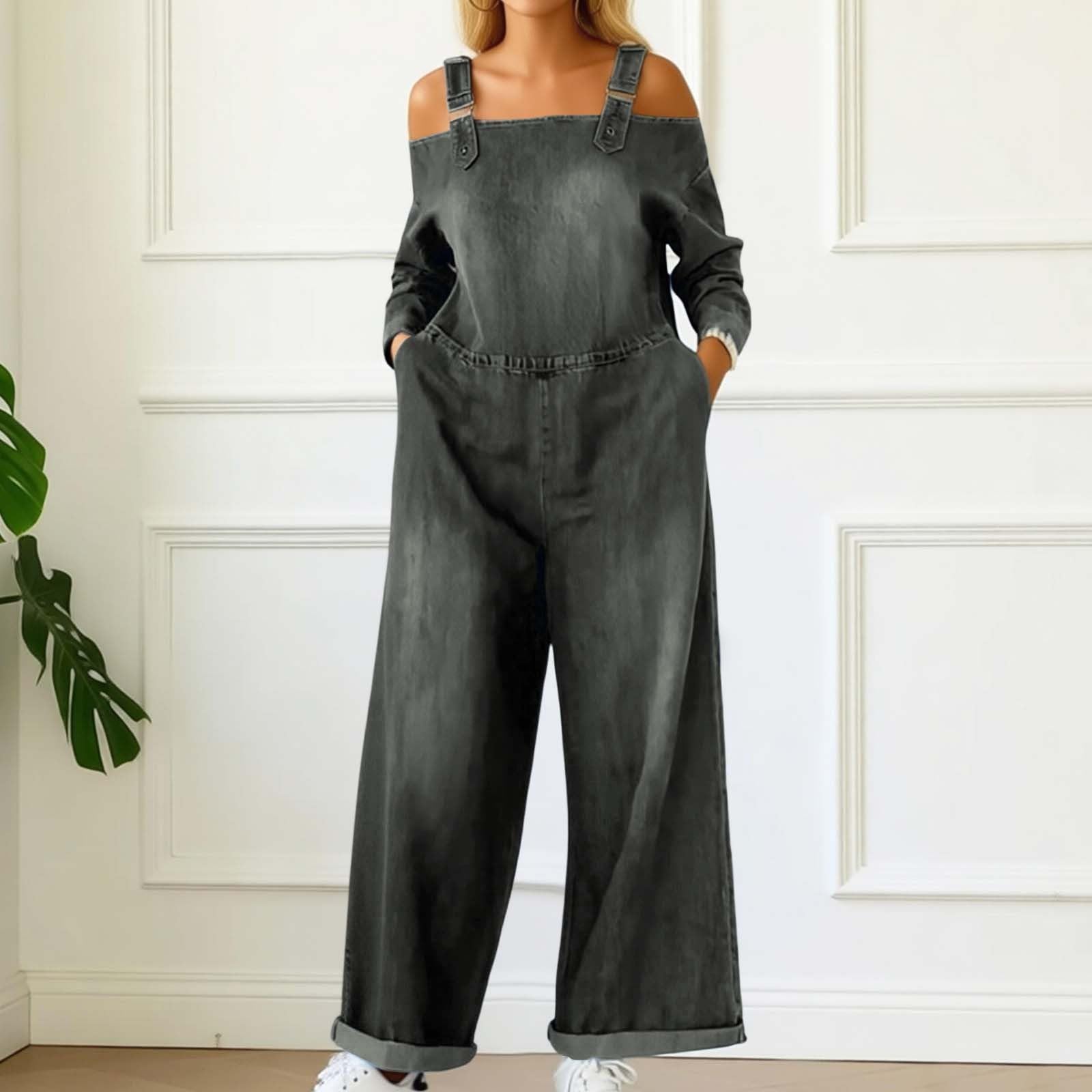 Combinaisons en jean pour femme - Salopette en denim délavé - Manches longues - Épaules dénudées - Combinaison décontractée - Jambes larges - Coupe ample - Body baggy avec poches