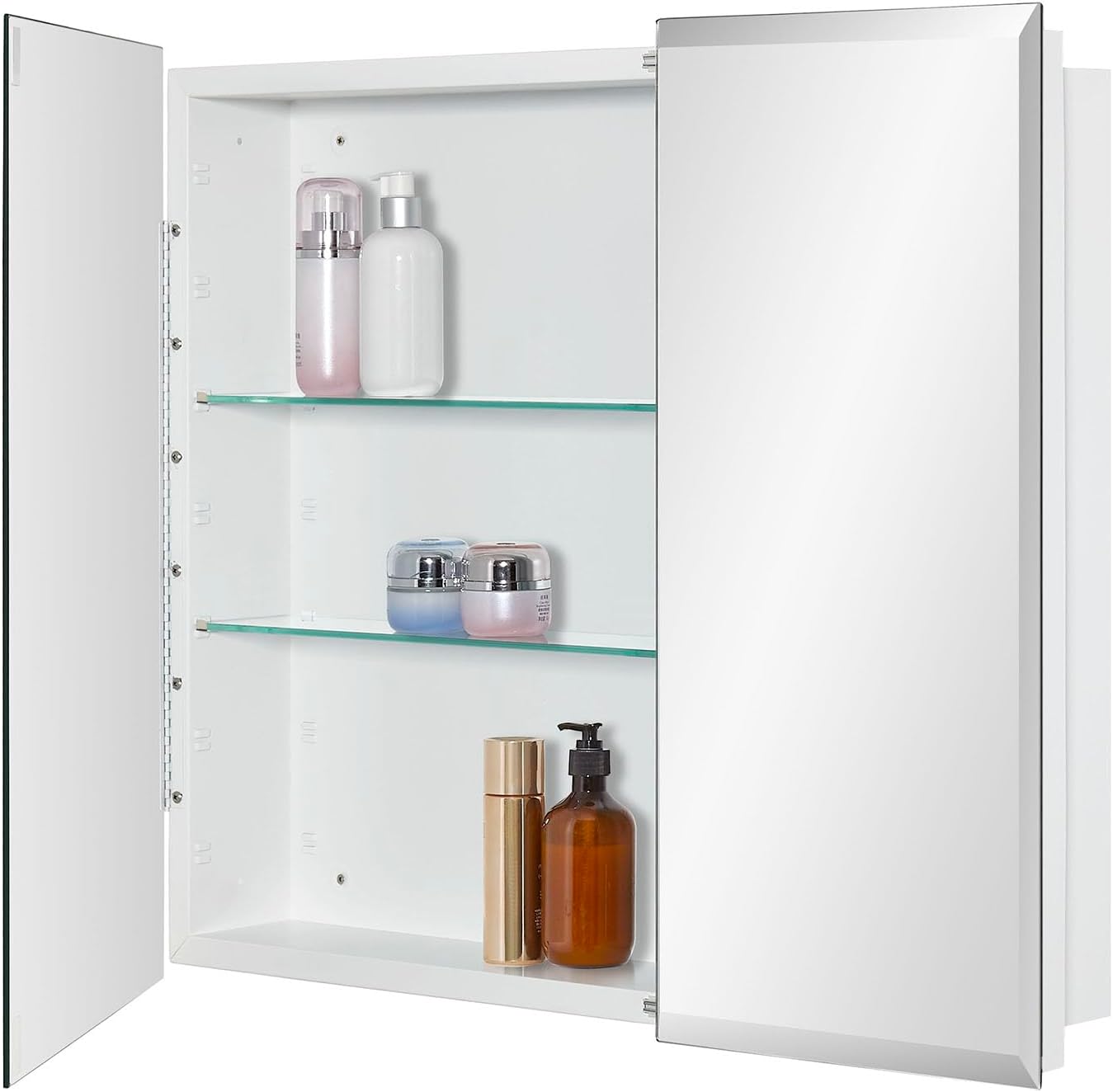 Bathroom Medicine Cabinet with Beveled Edge Mirrored Door 30 x 26 inch, Recessed or Surface Mount, with Adjustable Glass Shelves Matt White 30x26 inch Beveled Edge Mirror