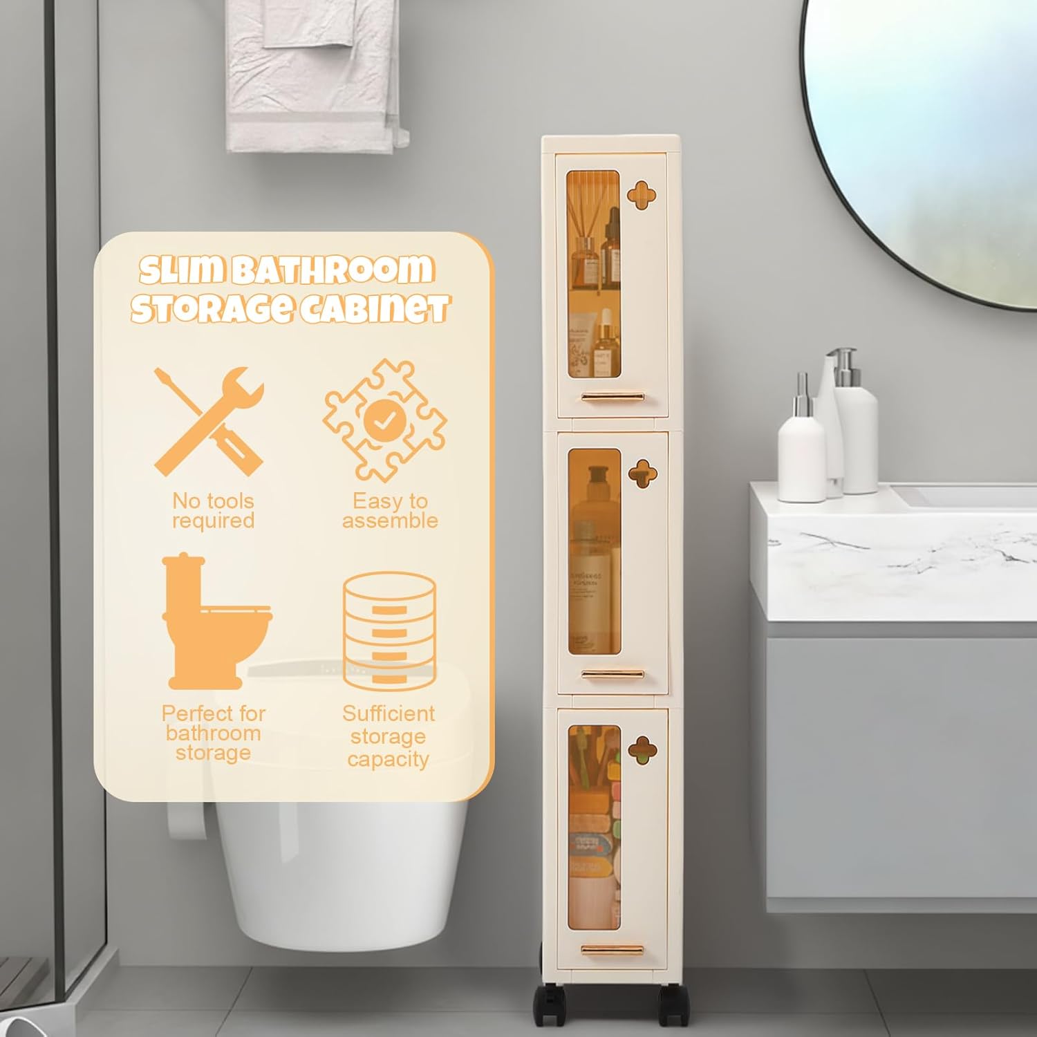 Weysat Narrow Bathroom Storage Cabinet with Wheels Slim Storage Organizer with Transparent Doors and Shelves for Small Space, Kitchen, Bathroom, Laundry Room(3 Tiers)